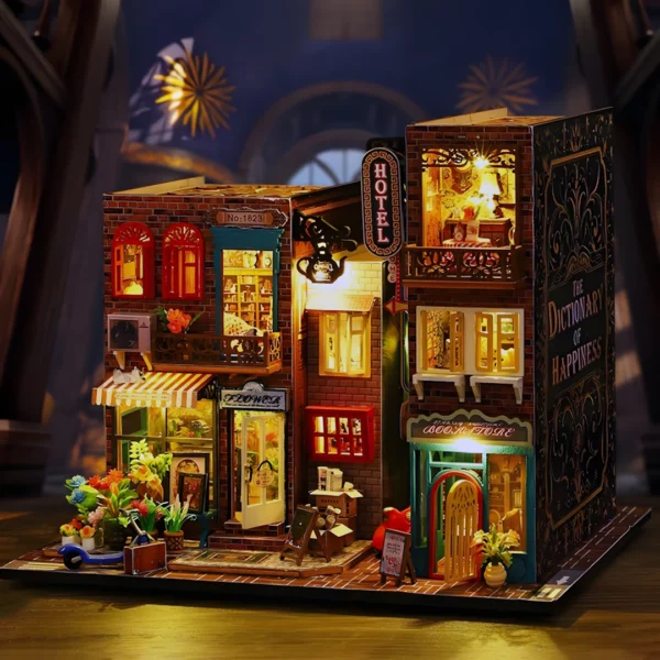 A side view of Scarbrough Hotel DIY miniature dollhouse kit, featuring a flower shop and cozy hotel rooms, set against a fantasy-style background.