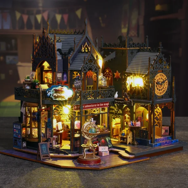 Side view of the Holo Magic City DIY Miniature Dollhouse Kit, featuring a magical street scene with a gothic-style magic shop, illuminated clock tower, and detailed architectural elements under warm ambient lighting.