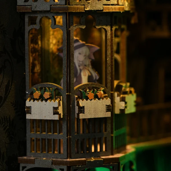 Close-up of the Detective Agency Book Nook, highlighting the vintage desk, detective chair, and bookshelf filled with books and mysterious objects.