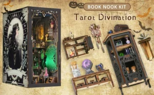 Detailed view of Tarot Divination Society book nook and its components, set against a Halloween-themed background.