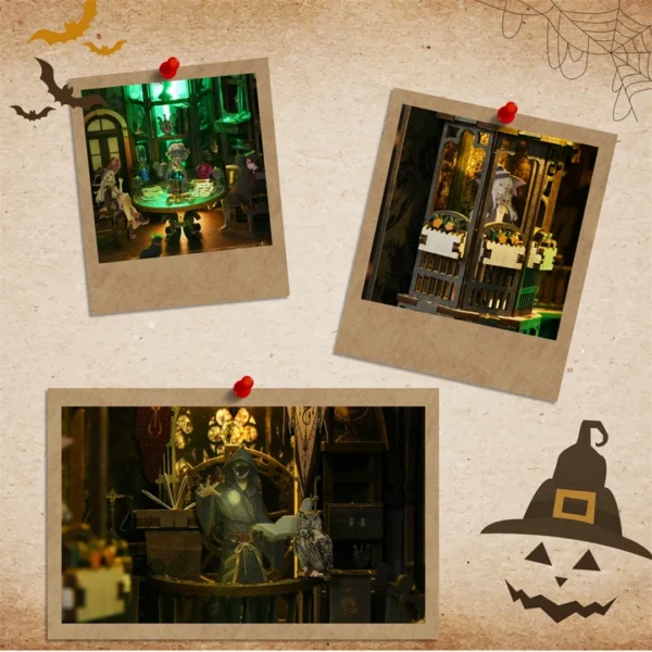 A collage of three detailed images from the Tarot Divination Society book nook against a Halloween-themed background. The collage includes scenes of a tarot reading, a young sorceress on a balcony, and a magician casting spells. The background paper features Halloween motifs, adding to the mystical ambiance.