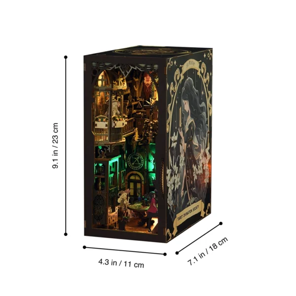 Dimensions of the Tarot Divination Society book nook, 9.1 inches tall, 7.1 inches wide, and 4.3 inches deep, highlighting its intricate design and detailed elements related to tarot and divination.