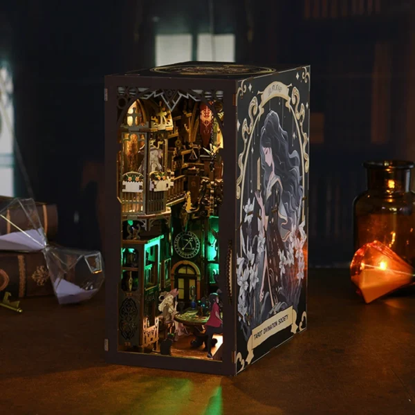 Right-side view of the Tarot Divination Society book nook, featuring a young sorceress on the balcony and shelves filled with mystical artifacts on the first floor, capturing the enchanting atmosphere of the scene.