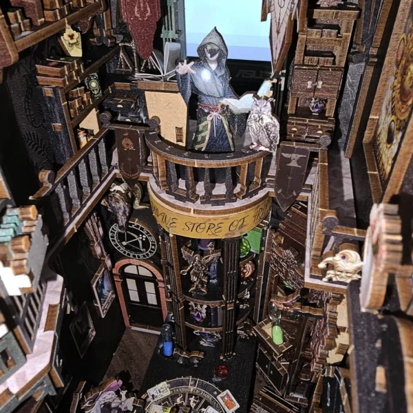 Top-down view of a magician casting spells on the second floor, surrounded by mystical objects and artifacts in the Tarot Divination Society book nook.