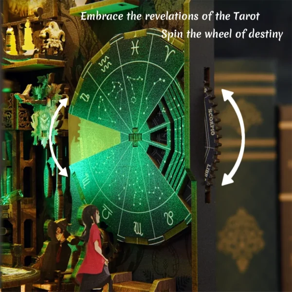 A detailed view of the fortune wheel in the Tarot Divination Society book nook, with a little girl gazing at it curiously. The scene is illuminated with a green glow, enhancing the mystical ambiance.