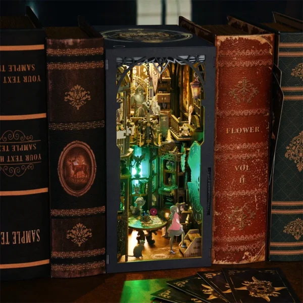 Tarot Divination Society book nook placed among classic books and vintage tomes on a desk, illuminating the mystical interior scene with vibrant lights.