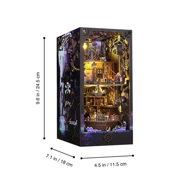 Pirate Ship Aden DIY Book Nook Kit dimensions showing 9.6 inches in height, 7.1 inches in depth, and 4.5 inches in width.