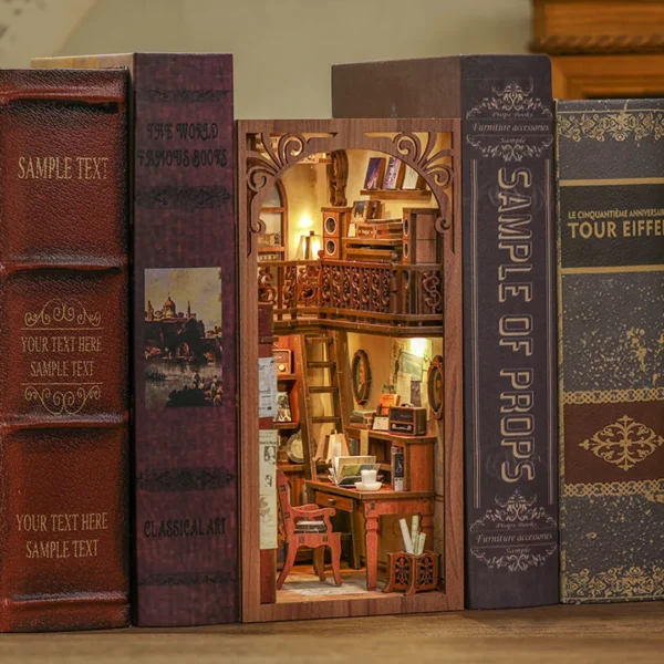 Bookshelf display of The Secret Rhythm book nook kit nestled among vintage books.