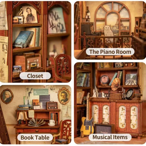 Close-up labeled sections of The Secret Rhythm book nook: Closet, Piano Room, Book Table, and Musical Items.