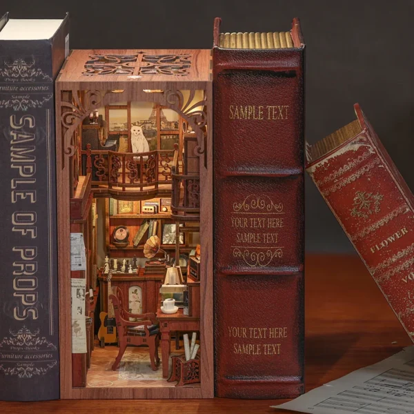 The Secret Rhythm book nook displayed with vintage books, featuring musical instruments and retro decor.