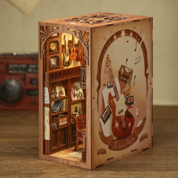 The Secret Rhythm book nook displayed in a retro setting, highlighting its detailed design with musical instruments and vintage elements.