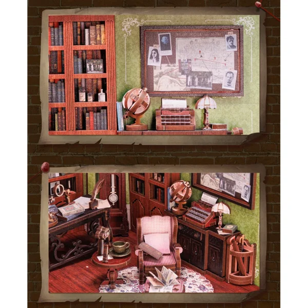 A detailed view of the Rose Detective Agency DIY Book Nook, highlighting an investigator's desk on the upper level, adorned with maps, books, and detective tools, with a cozy reading area and typewriter on the lower level, inviting you to solve the mystery.