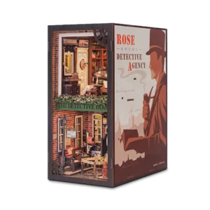 Rose Detective Agency DIY Book Nook Kit, featuring a two-story miniature scene of a detective's office with intricate details and investigation elements.