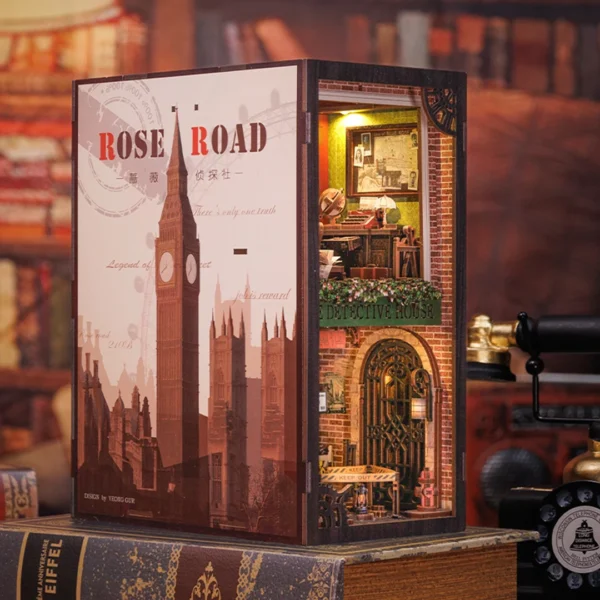 Rose Detective Agency DIY Book Nook displaying intricate details of a vintage detective office, complete with miniature furniture and crime scene elements.