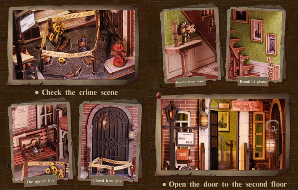 Collage of detailed scenes from the Rose Detective Agency book nook, featuring a crime scene, an open box, an iron gate, a flower basket, and a staircase adorned with photos.