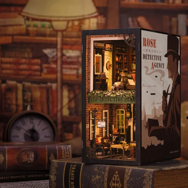 Rose Detective Agency DIY book nook kit featuring a detailed miniature detective office and crime scene elements.