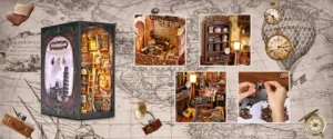 Collage of the Film Darkroom DIY Book Nook Kit, featuring a vintage photography studio with detailed close-ups of miniature cameras, a photographer's workspace, and the assembly process, set against a world map background.