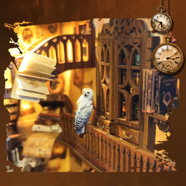 Close-up of a white owl on a balcony with floating books in Magic World DIY book nook.